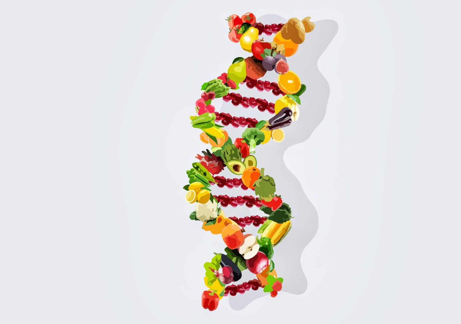 Nutrigenetics concept illustration for DNA strand made from vegetables and fruits.